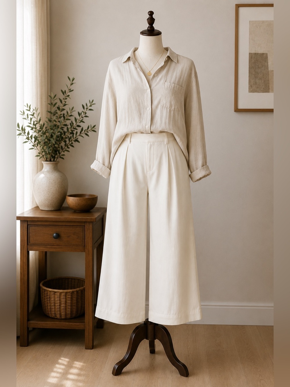 Gemma + Jane Ivory High Waist Wide Leg Cropped Pants Minimalist Quiet Luxury M
